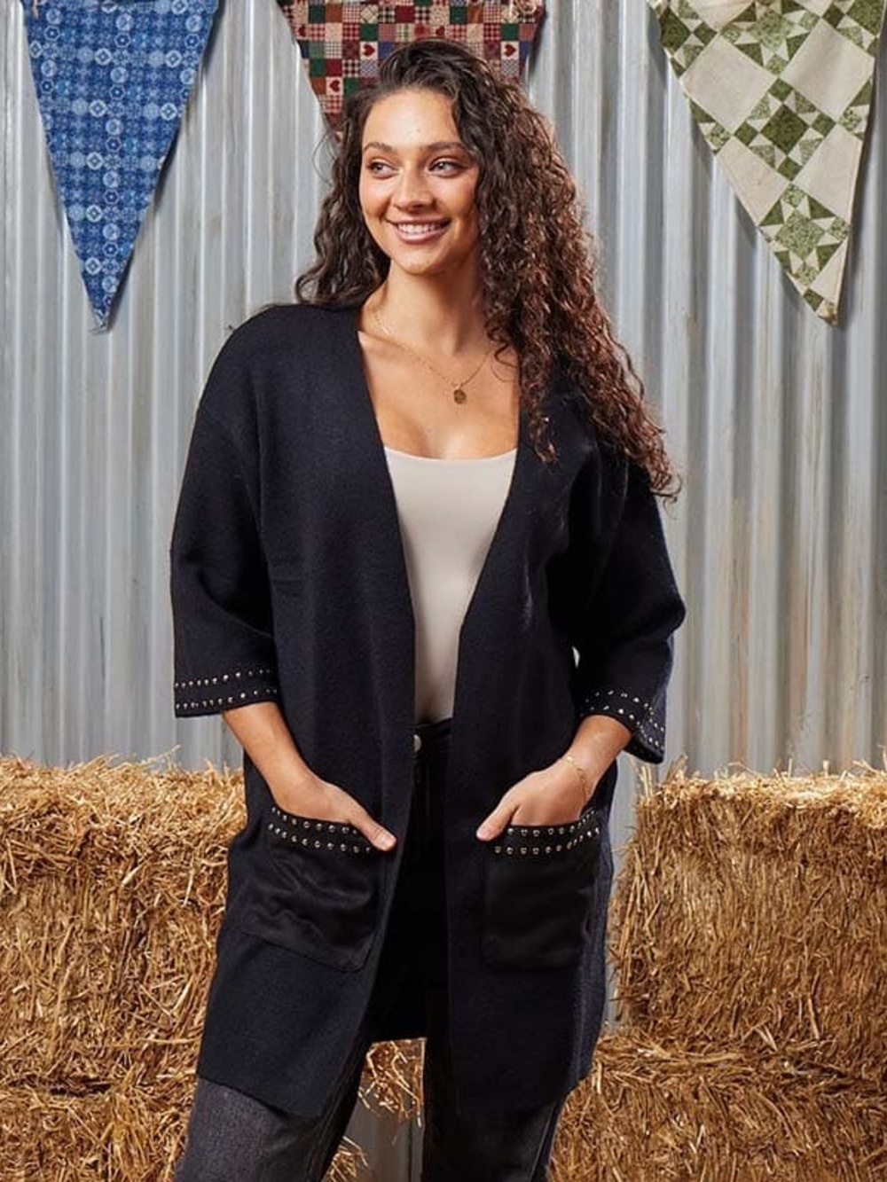 NWT This & That Studded Cardigan Sweater Women Size Large Open Front Long Sleeve